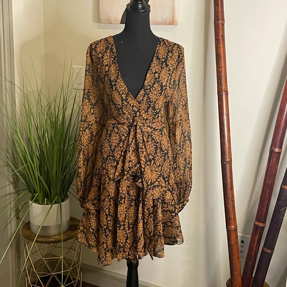 Sheer Fall tie dress, black lining, 1X, brown and black